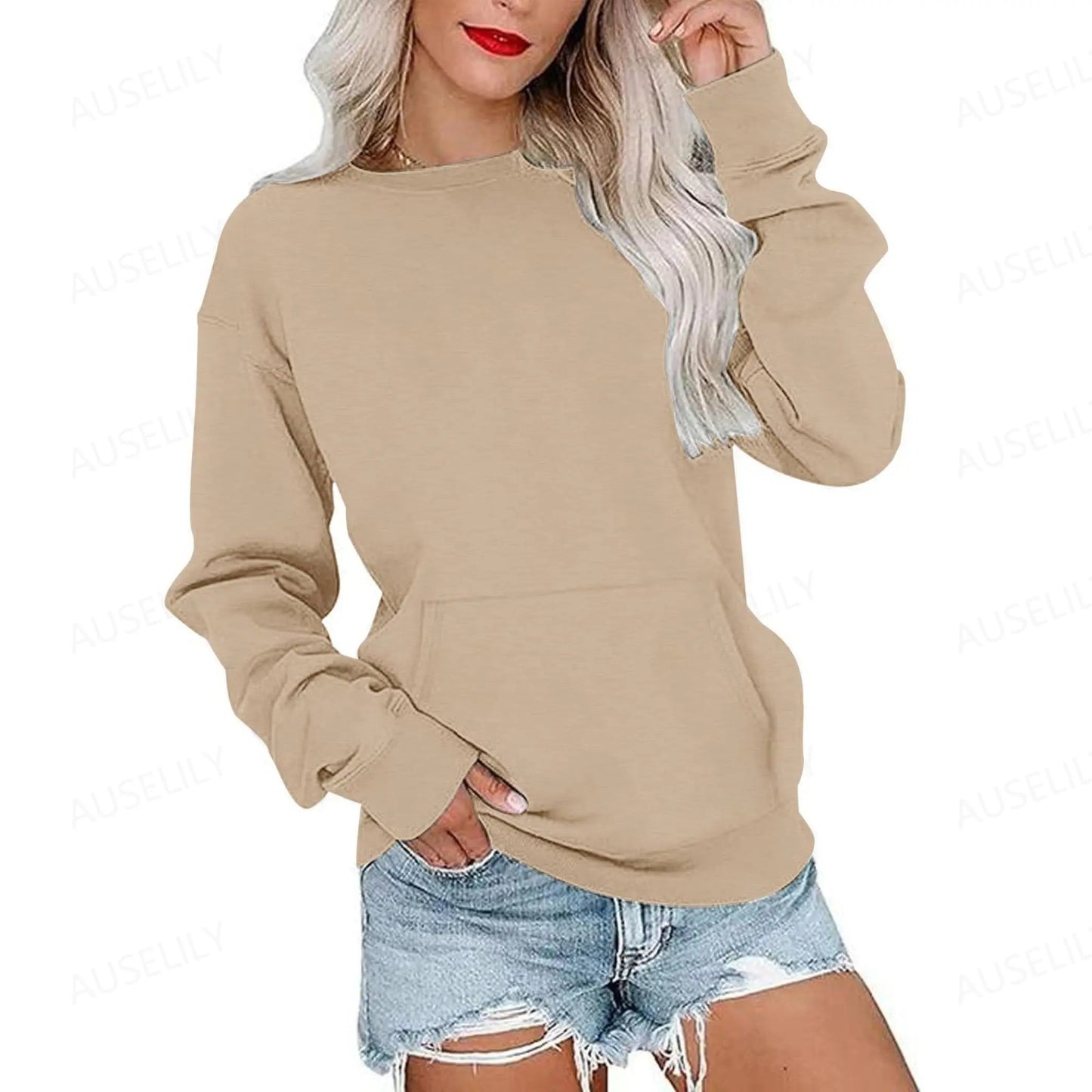 Women's Crewneck Hoodless Sweatshirt With Kangaroo Pocket Fleece Longsleeve Oversized Casual Style Shirt Lightweight Pullover 2026
