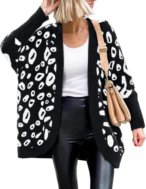 Women's Leopard Print Long Sleeve Cardigan Sweater with Pockets