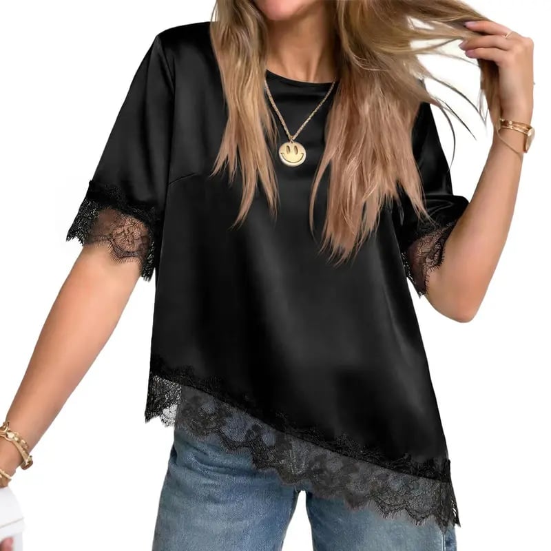 Tankaneo Women's Satin-Silk Short-Sleeve Shirt – Loose-Fit Lace-Panel Top with Asymmetric Cut; Ideal for Stylish, Casual Summer Wear.