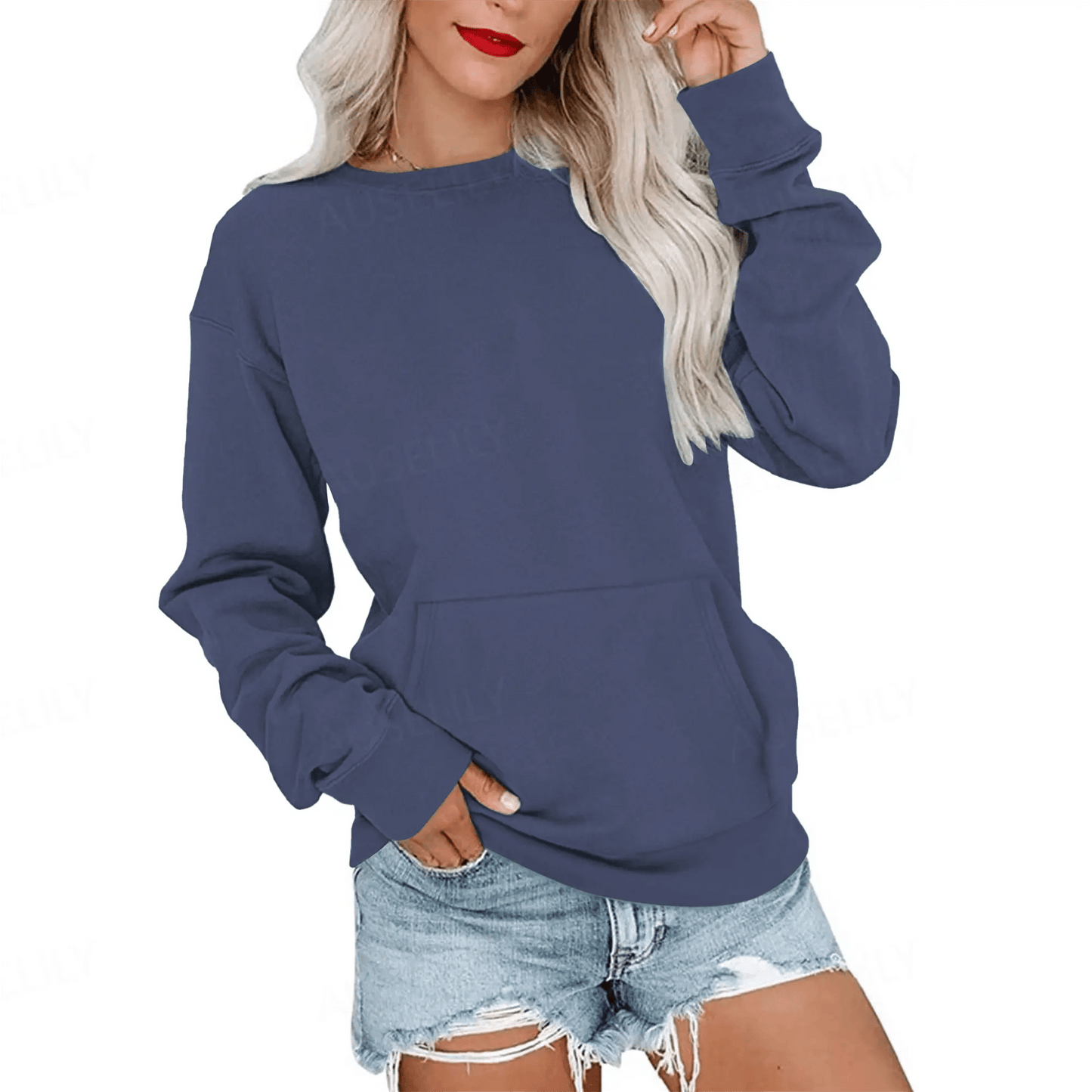 Women's Crewneck Hoodless Sweatshirt With Kangaroo Pocket Fleece Longsleeve Oversized Casual Style Shirt Lightweight Pullover 2026