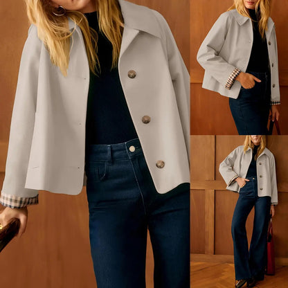 Womens Cropped Trench Coat Classic Collar Oversized Casual Jackets with Checkered Lining