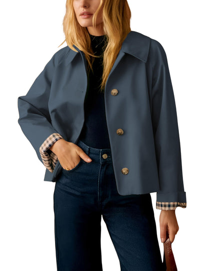 Womens Cropped Trench Coat Classic Collar Oversized Casual Jackets with Checkered Lining
