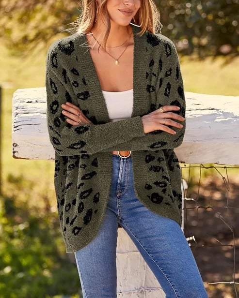 Women's Leopard Print Long Sleeve Cardigan Sweater with Pockets