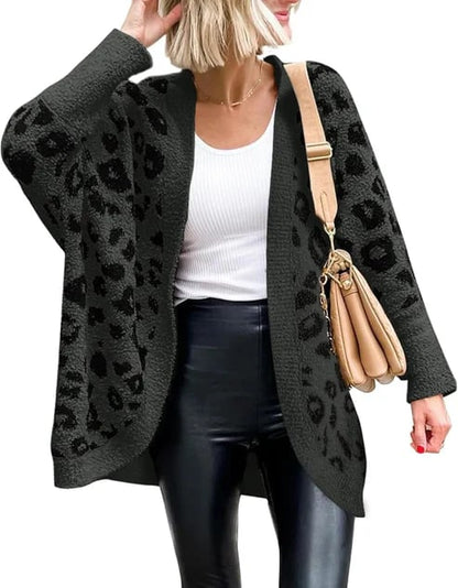 Women's Leopard Print Long Sleeve Cardigan Sweater with Pockets