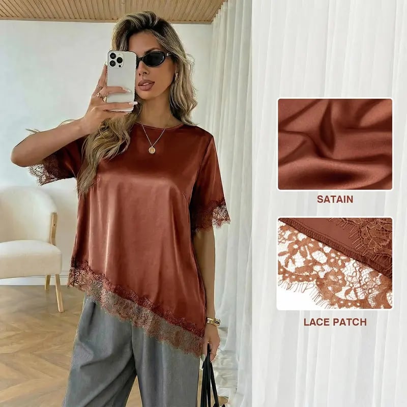 Tankaneo Women's Satin-Silk Short-Sleeve Shirt – Loose-Fit Lace-Panel Top with Asymmetric Cut; Ideal for Stylish, Casual Summer Wear.