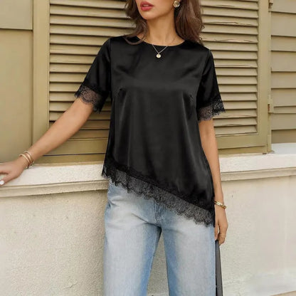 Tankaneo Women's Satin-Silk Short-Sleeve Shirt – Loose-Fit Lace-Panel Top with Asymmetric Cut; Ideal for Stylish, Casual Summer Wear.