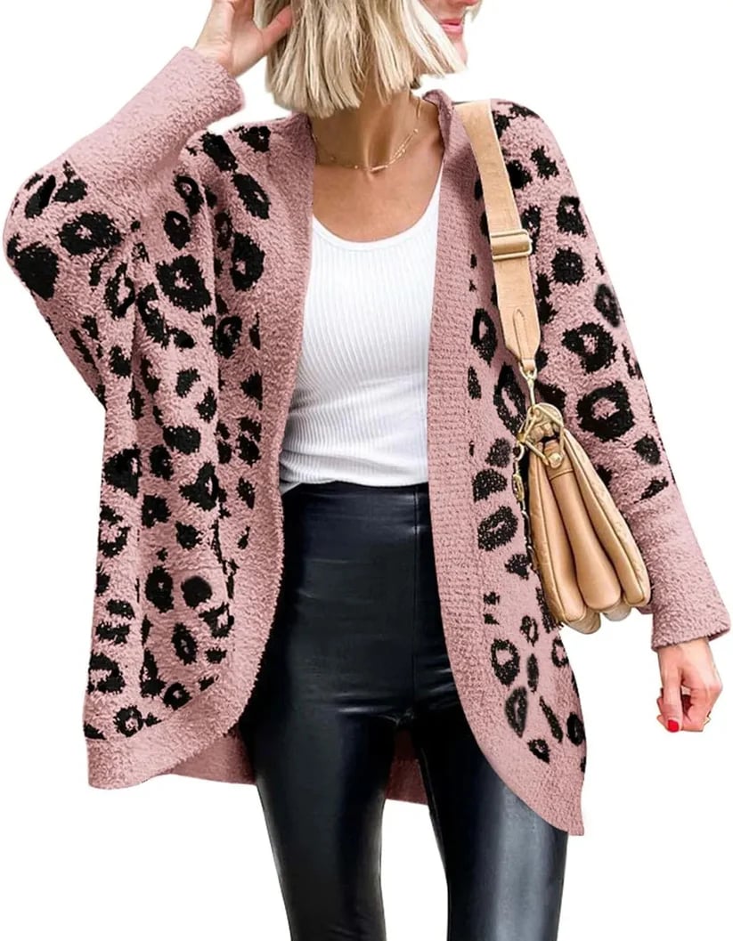 Women's Leopard Print Long Sleeve Cardigan Sweater with Pockets