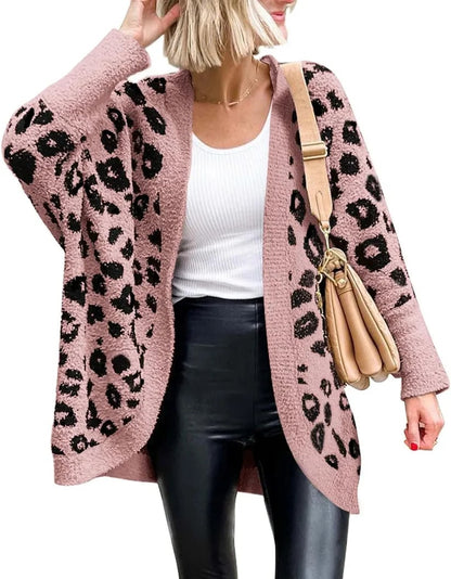 Women's Leopard Print Long Sleeve Cardigan Sweater with Pockets