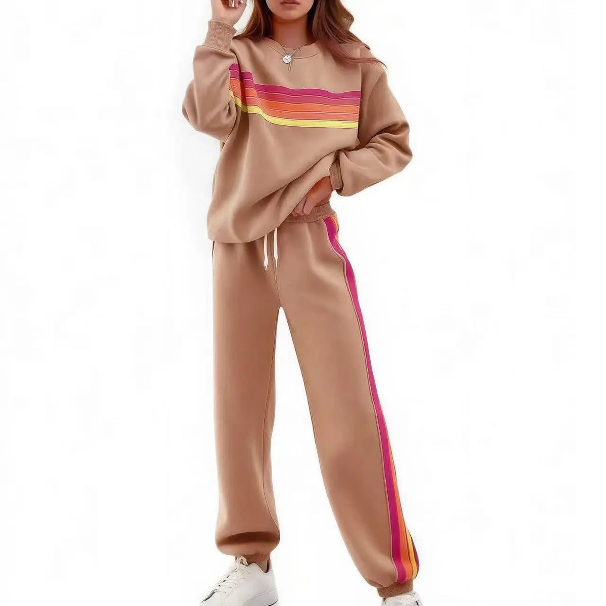 Women's 2-Piece Boxy Retro Rainbow Stripe Crewneck Sweat Set - Long Sleeve Shirt, Fitted Track Pants, Casual Activewear, Machine Washable Lounge Athleisure Chic Outfit
