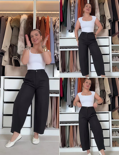 Women's Casual Baggy Linen Blend Pants, High Waisted Pull On Wide Leg Style with Pockets for Summer, Bottom, Cotton, Zip