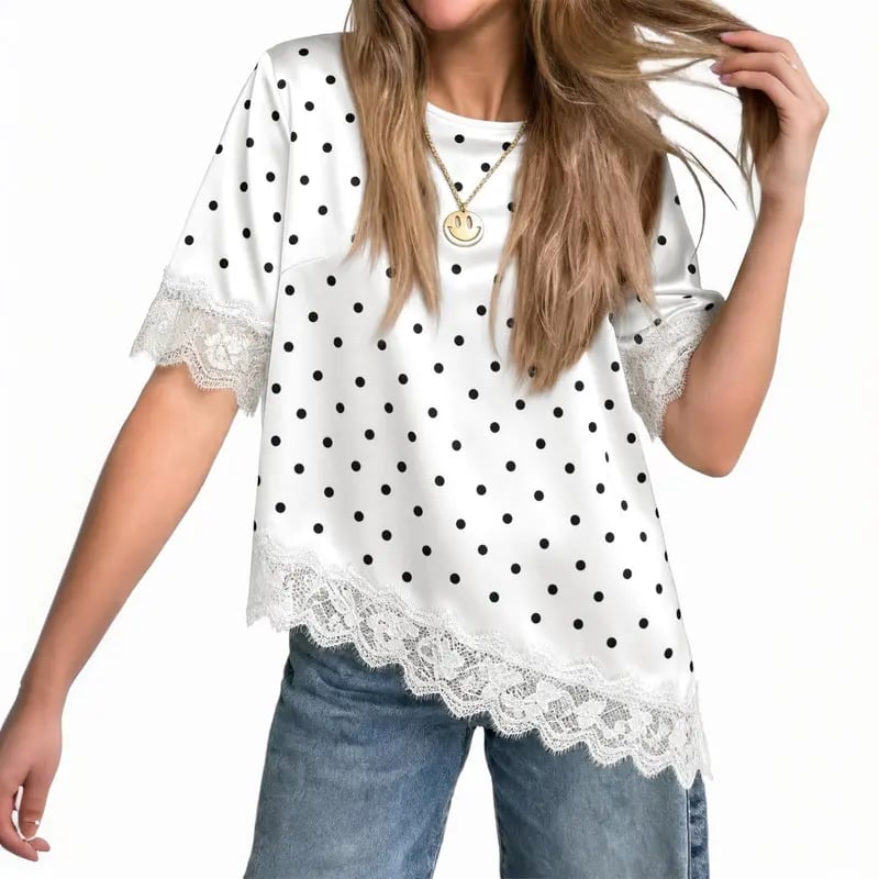 Tankaneo Women's Satin-Silk Short-Sleeve Shirt – Loose-Fit Lace-Panel Top with Asymmetric Cut; Ideal for Stylish, Casual Summer Wear.