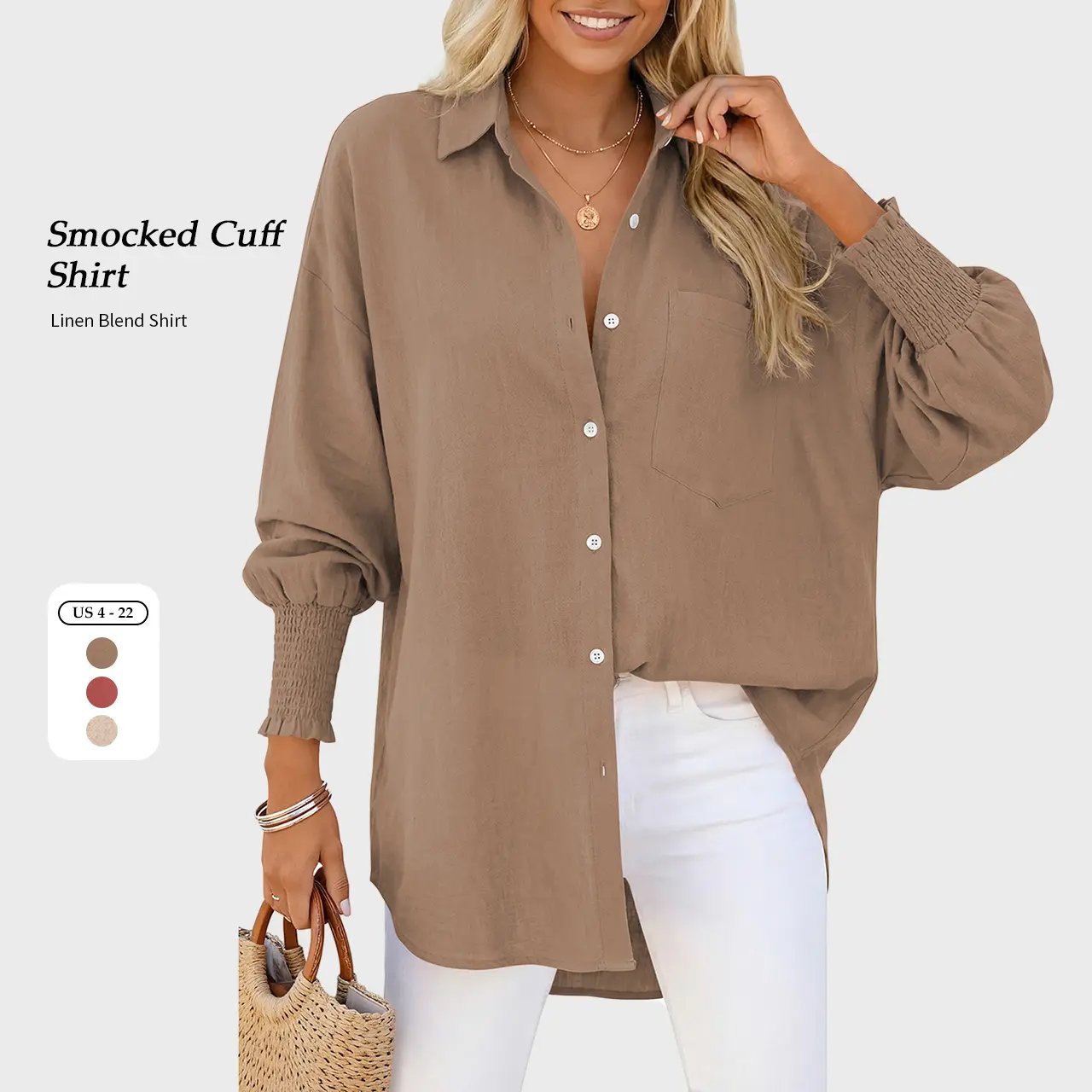 Women Linen Shirt Smocked Cuffed Casual Collar Long Sleeve Oversized Button Down Blouse Tops Boyfriend Shirt Basic Vintage Top