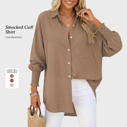 Women Linen Shirt Smocked Cuffed Casual Collar Long Sleeve Oversized Button Down Blouse Tops Boyfriend Shirt Basic Vintage Top