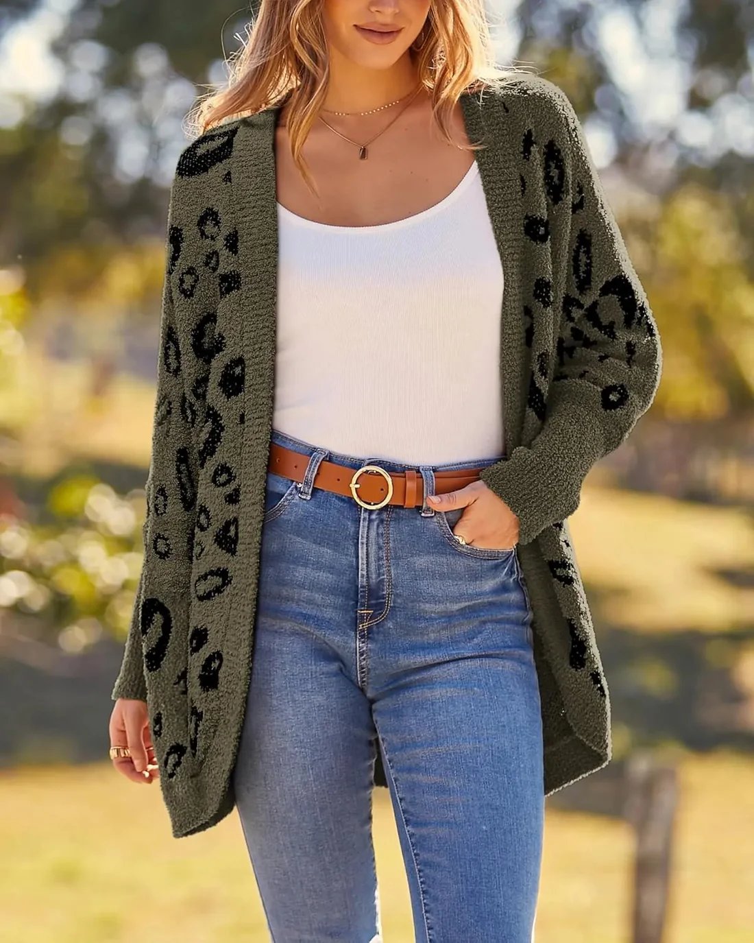 Women's Leopard Print Long Sleeve Cardigan Sweater with Pockets