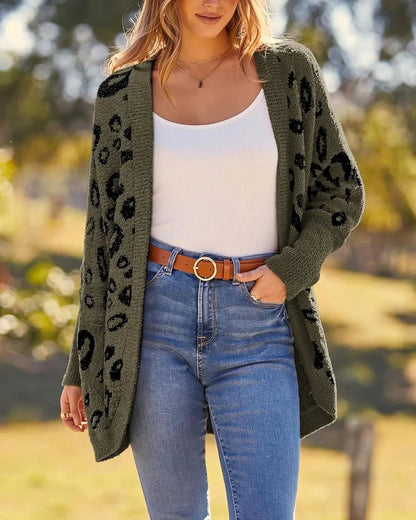 Women's Leopard Print Long Sleeve Cardigan Sweater with Pockets
