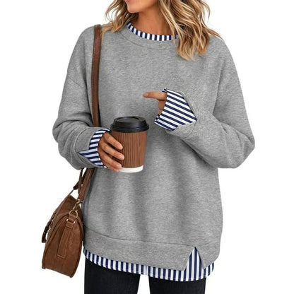Women Crew Neck Fake Two Piece Striped Patchwork Drop Shoulder Oversized Sweatshirt