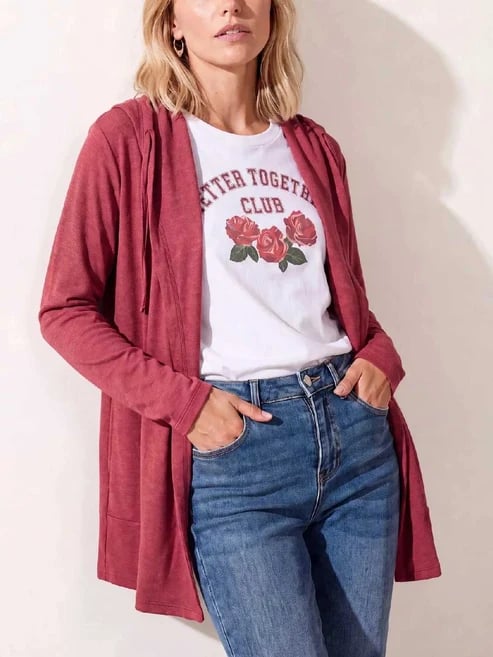 Drawstring Hooded Open Front Long Sleeve Cardigan