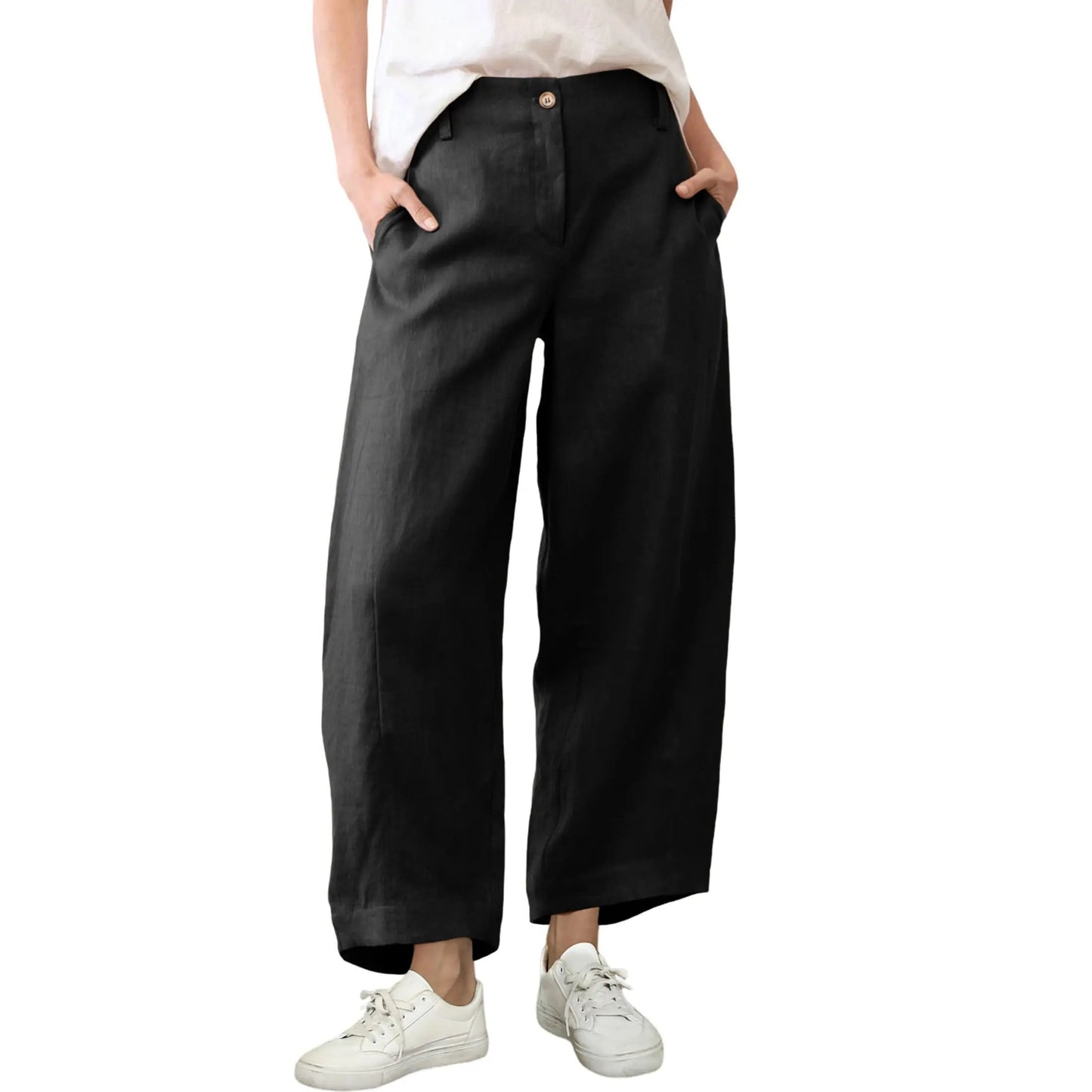 Women's Casual Baggy Linen Blend Pants, High Waisted Pull On Wide Leg Style with Pockets for Summer, Bottom, Cotton, Zip