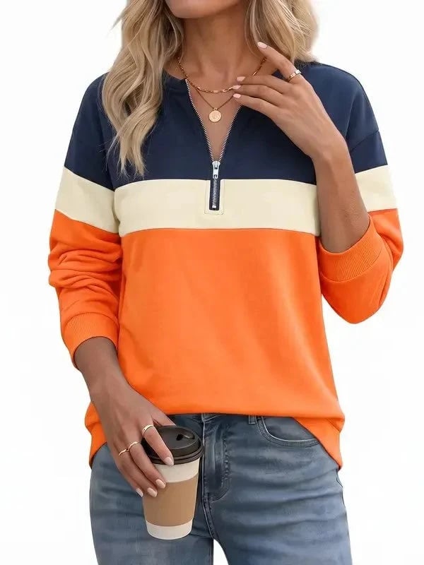 Women's Color Block Quarter Zip Sweatshirt Long Sleeve Casual Pullover Top