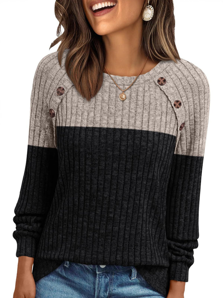 Zirvona®Women's Round-neck Sunken Stripe Brushed Solid Color Top Long Sleeve