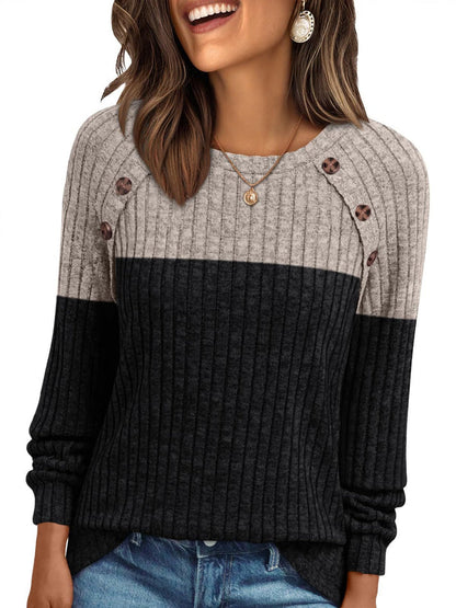 Zirvona®Women's Round-neck Sunken Stripe Brushed Solid Color Top Long Sleeve