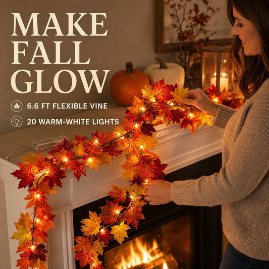 6.6 FT Lighted Fall Maple Leaf Garland – 20 Warm White LEDs