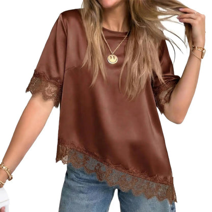 Tankaneo Women's Satin-Silk Short-Sleeve Shirt – Loose-Fit Lace-Panel Top with Asymmetric Cut; Ideal for Stylish, Casual Summer Wear.