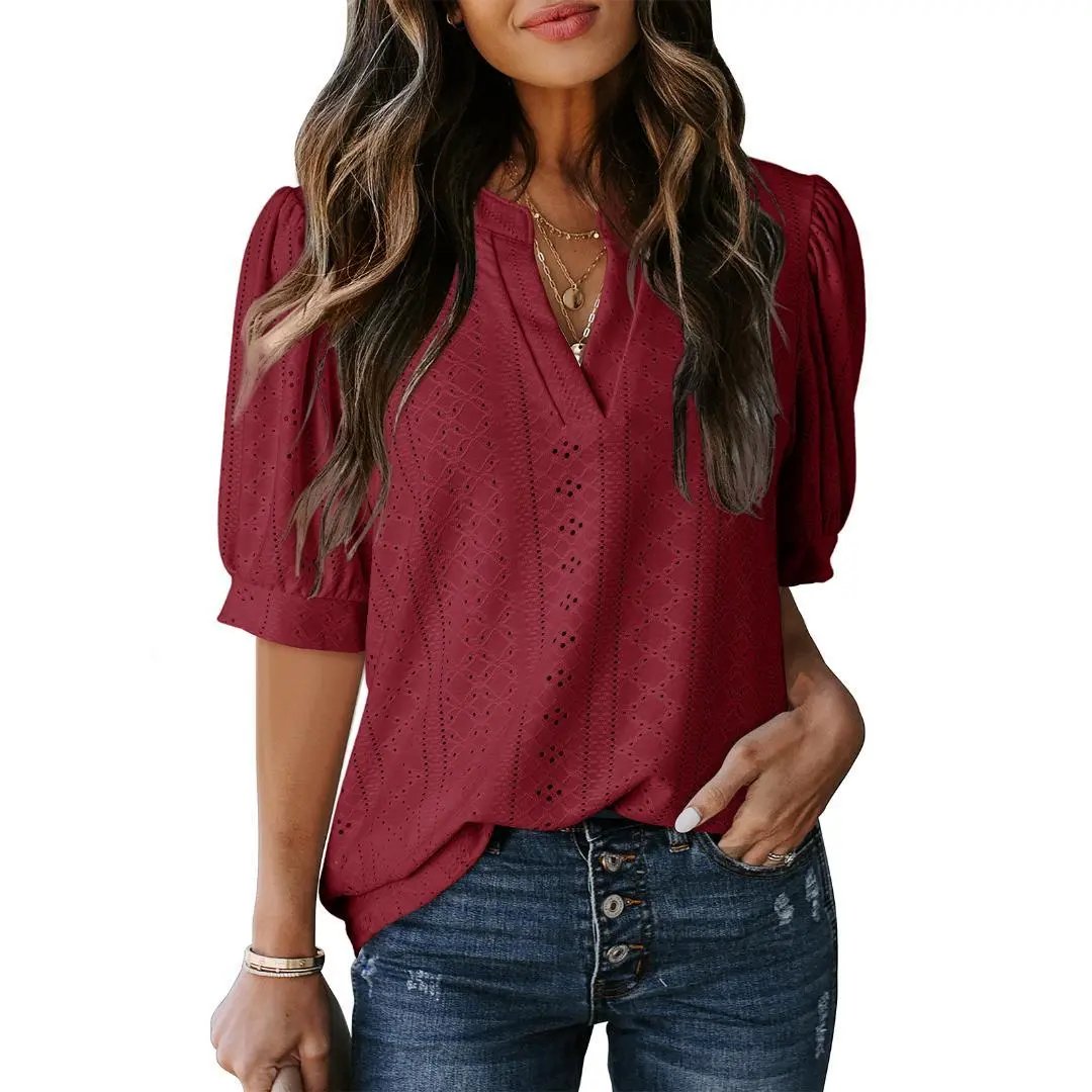 🏆Hot Sale 49% OFF🔥Women's Summer Casual Blouses V Neck Short Sleeve Shirts Hollow Out Cute Tops Loose Fit Breathable Fabric