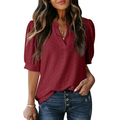 🏆Hot Sale 49% OFF🔥Women's Summer Casual Blouses V Neck Short Sleeve Shirts Hollow Out Cute Tops Loose Fit Breathable Fabric