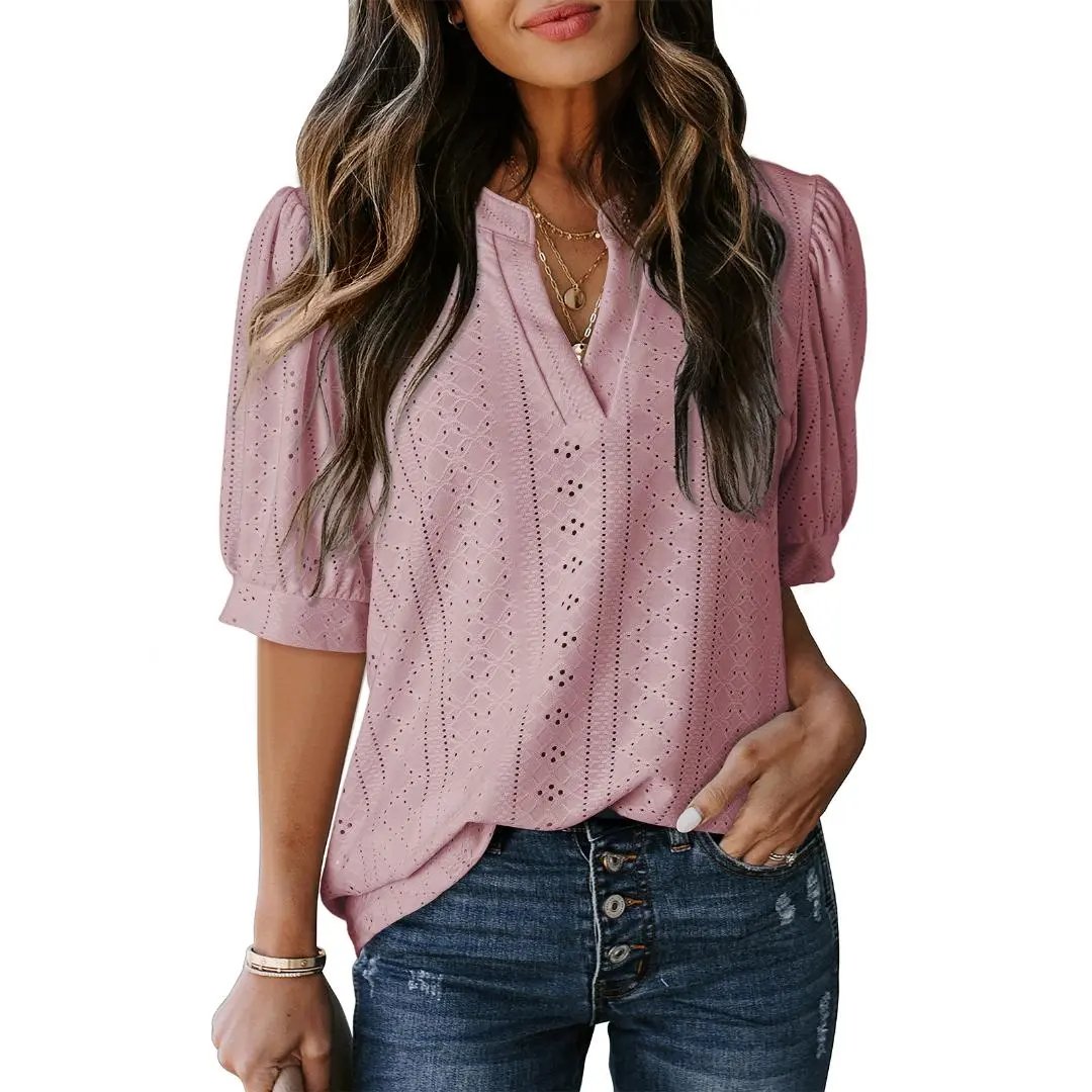 🏆Hot Sale 49% OFF🔥Women's Summer Casual Blouses V Neck Short Sleeve Shirts Hollow Out Cute Tops Loose Fit Breathable Fabric