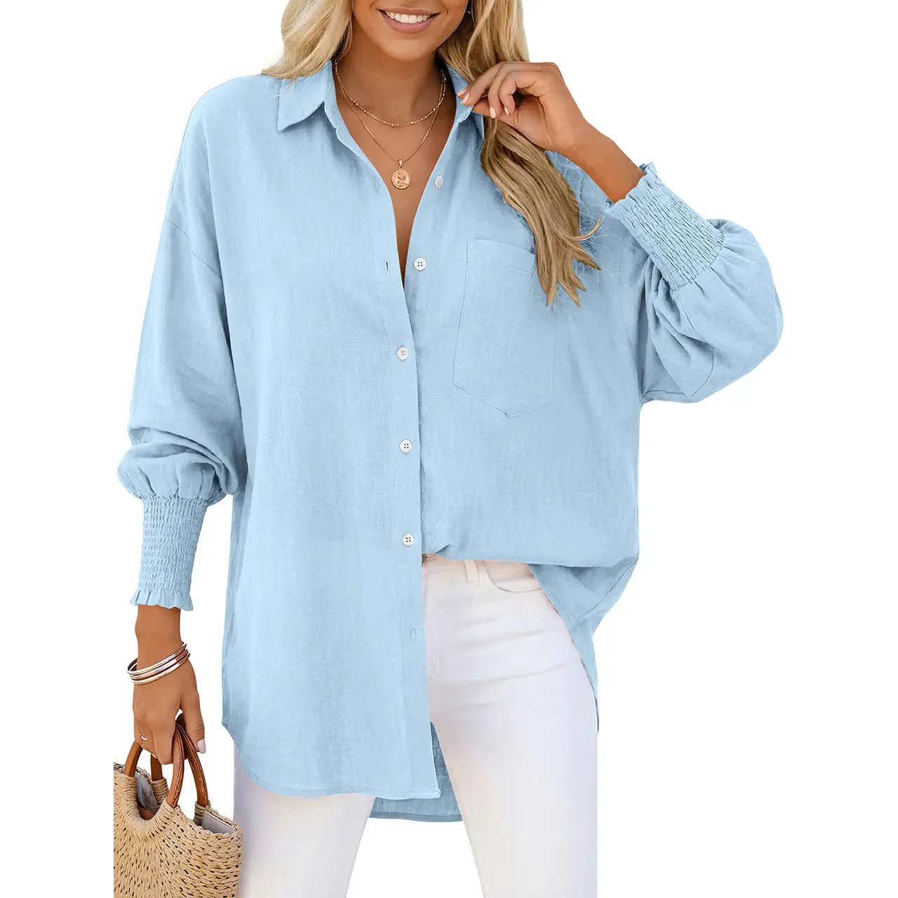 Women Linen Shirt Smocked Cuffed Casual Collar Long Sleeve Oversized Button Down Blouse Tops Boyfriend Shirt Basic Vintage Top