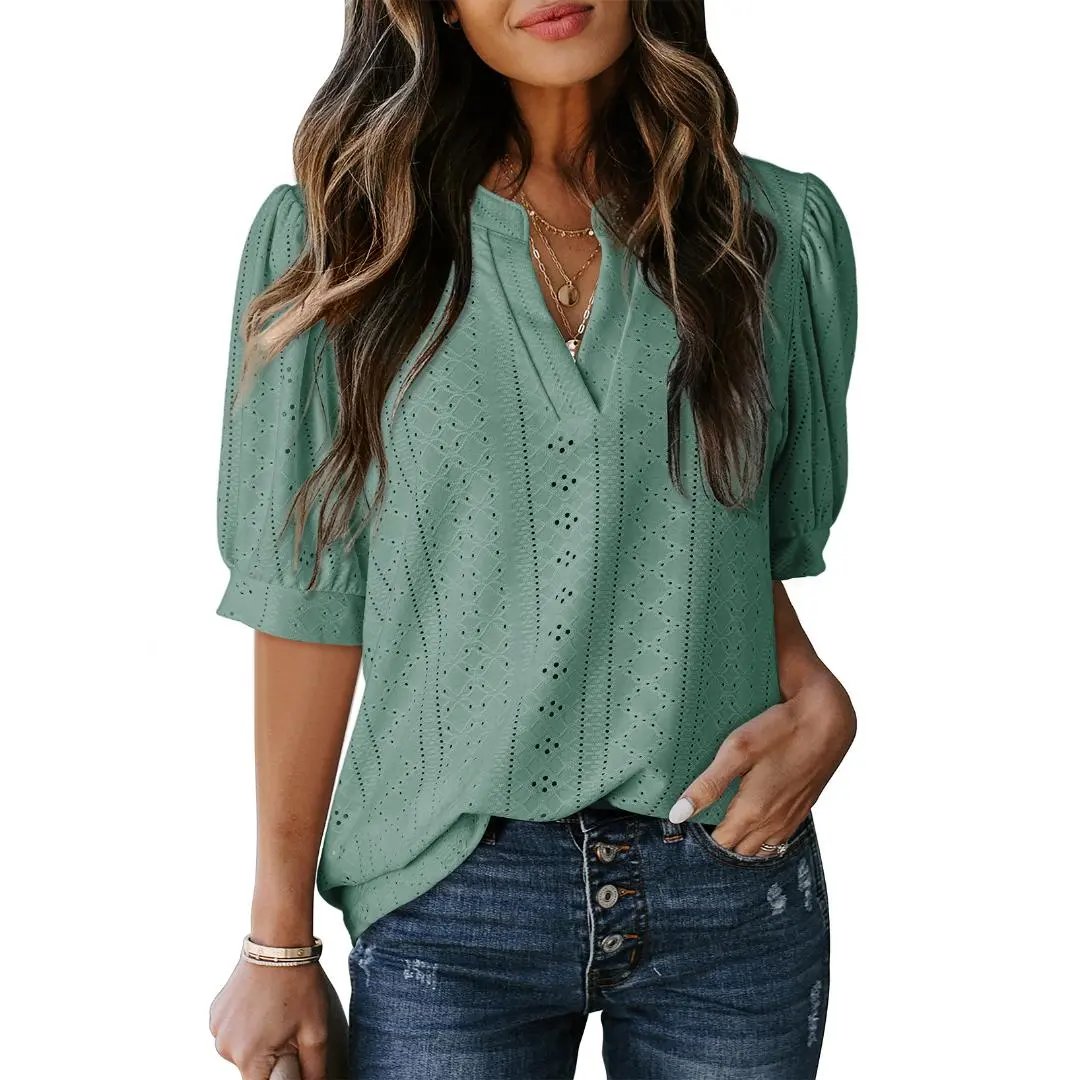 🏆Hot Sale 49% OFF🔥Women's Summer Casual Blouses V Neck Short Sleeve Shirts Hollow Out Cute Tops Loose Fit Breathable Fabric