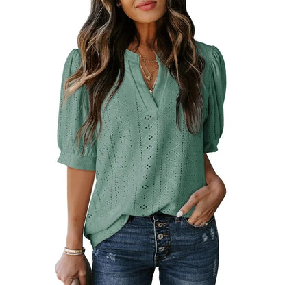 🏆Hot Sale 49% OFF🔥Women's Summer Casual Blouses V Neck Short Sleeve Shirts Hollow Out Cute Tops Loose Fit Breathable Fabric