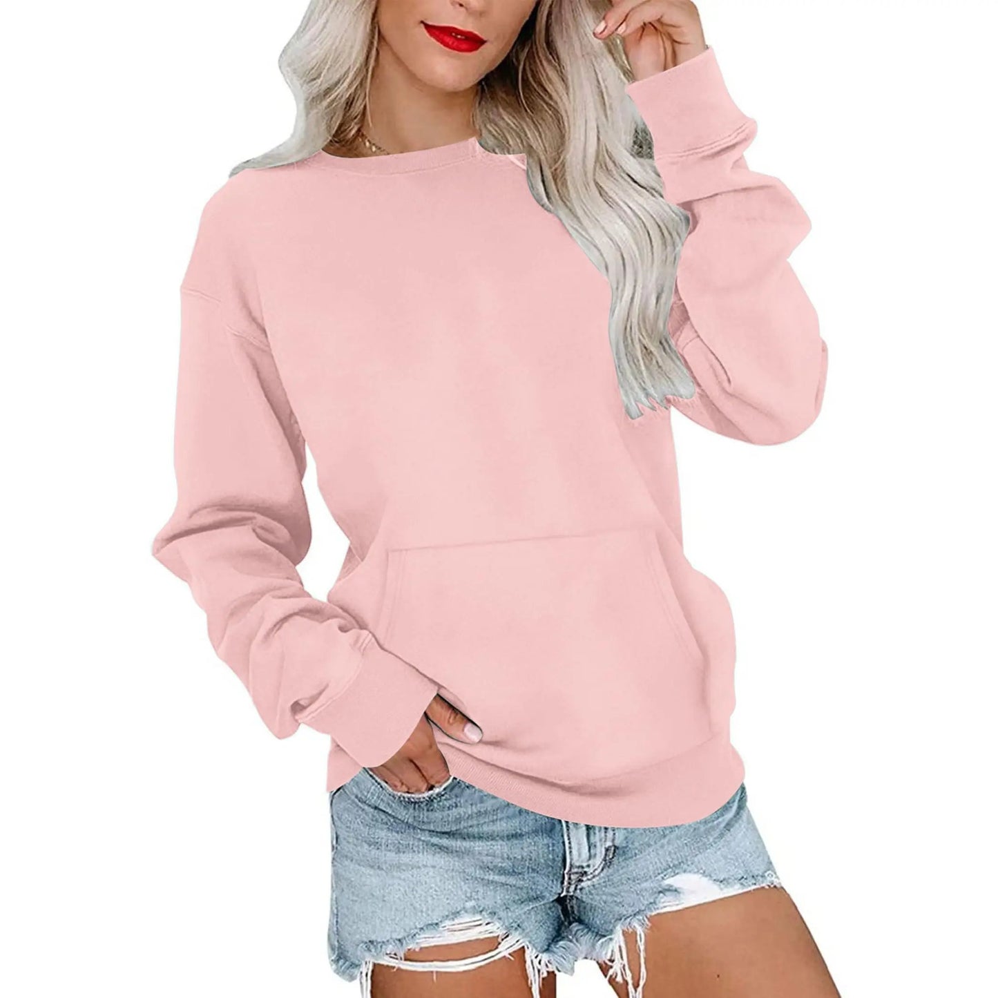 Women's Crewneck Hoodless Sweatshirt With Kangaroo Pocket Fleece Longsleeve Oversized Casual Style Shirt Lightweight Pullover 2026