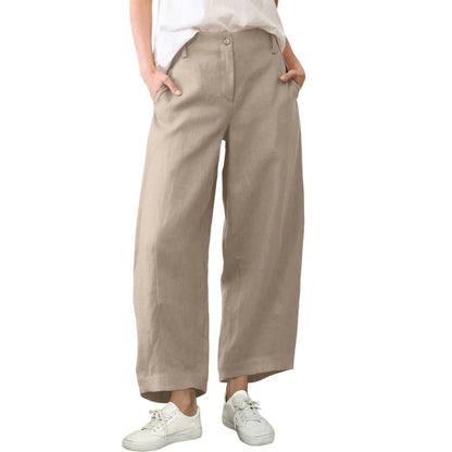 Women's Casual Baggy Linen Blend Pants, High Waisted Pull On Wide Leg Style with Pockets for Summer, Bottom, Cotton, Zip