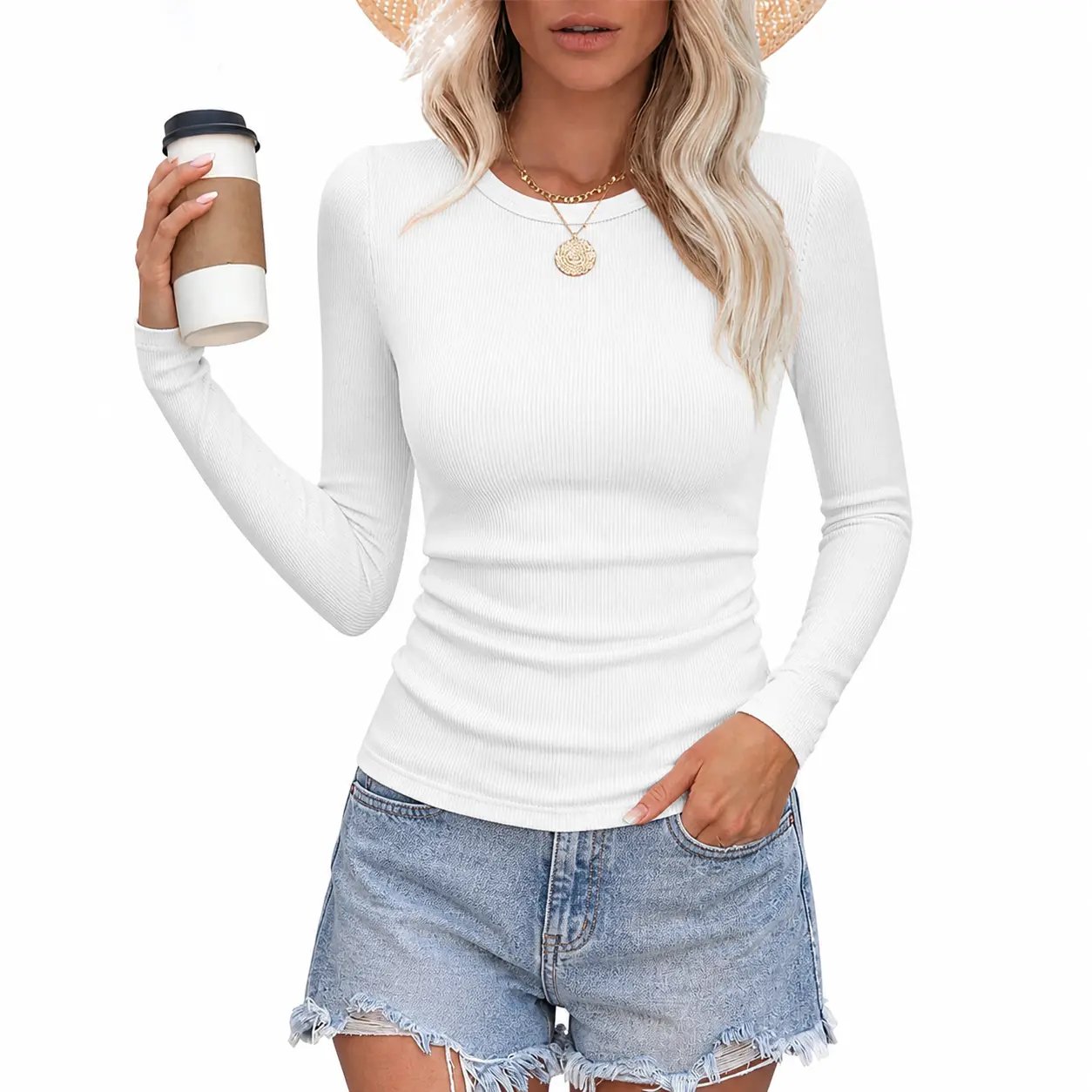 Womens Ribbed Long Sleeve Crewneck Shirts Fitted Sweaters Slim Fit Basic Casual Tops