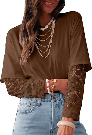 Women Long Sleeve Lace Patchwork Crew Neck Casual Tops