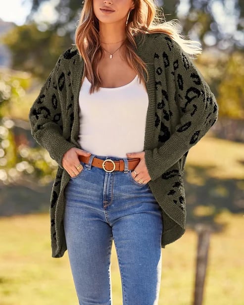 Women's Leopard Print Long Sleeve Cardigan Sweater with Pockets