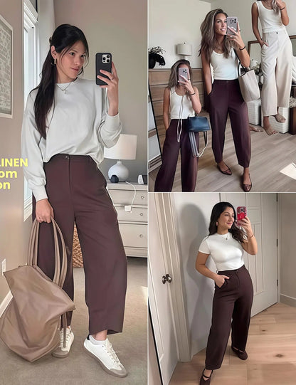 Women's Casual Baggy Linen Blend Pants, High Waisted Pull On Wide Leg Style with Pockets for Summer, Bottom, Cotton, Zip