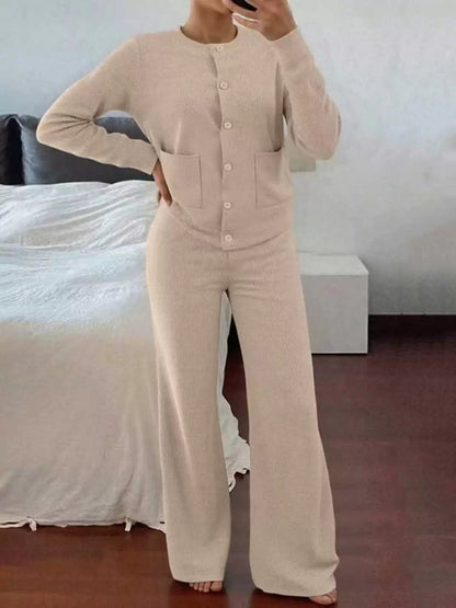 💖🍂Women’s Casual Knit Sweater & High-Waist Wide-Leg Pants Set