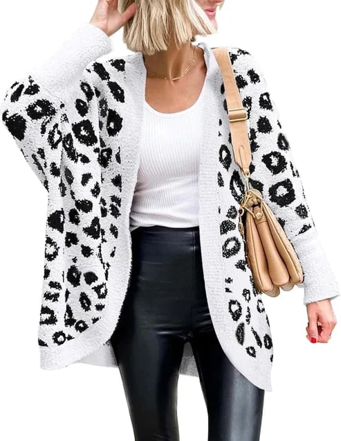Women's Leopard Print Long Sleeve Cardigan Sweater with Pockets