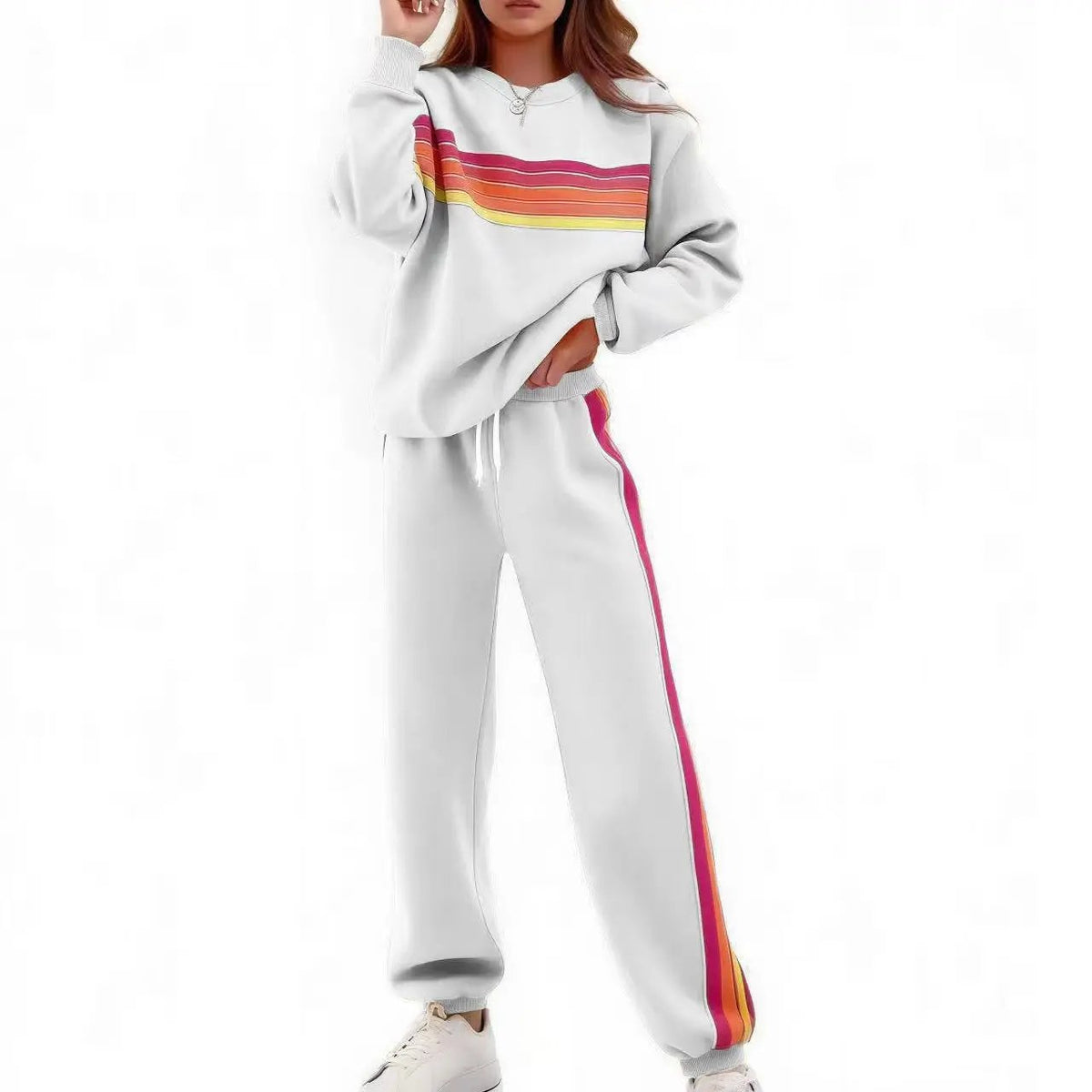 Women's 2-Piece Boxy Retro Rainbow Stripe Crewneck Sweat Set - Long Sleeve Shirt, Fitted Track Pants, Casual Activewear, Machine Washable Lounge Athleisure Chic Outfit