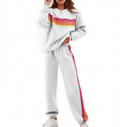 Women's 2-Piece Boxy Retro Rainbow Stripe Crewneck Sweat Set - Long Sleeve Shirt, Fitted Track Pants, Casual Activewear, Machine Washable Lounge Athleisure Chic Outfit
