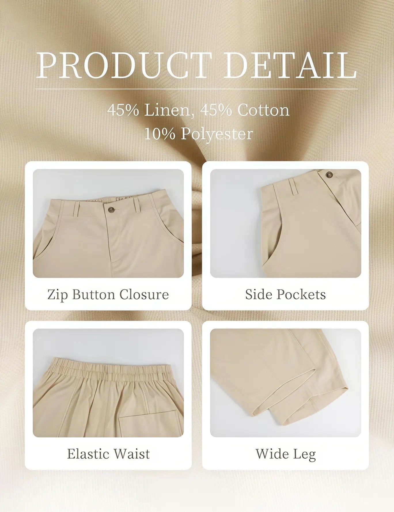 Women's Casual Baggy Linen Blend Pants, High Waisted Pull On Wide Leg Style with Pockets for Summer, Bottom, Cotton, Zip