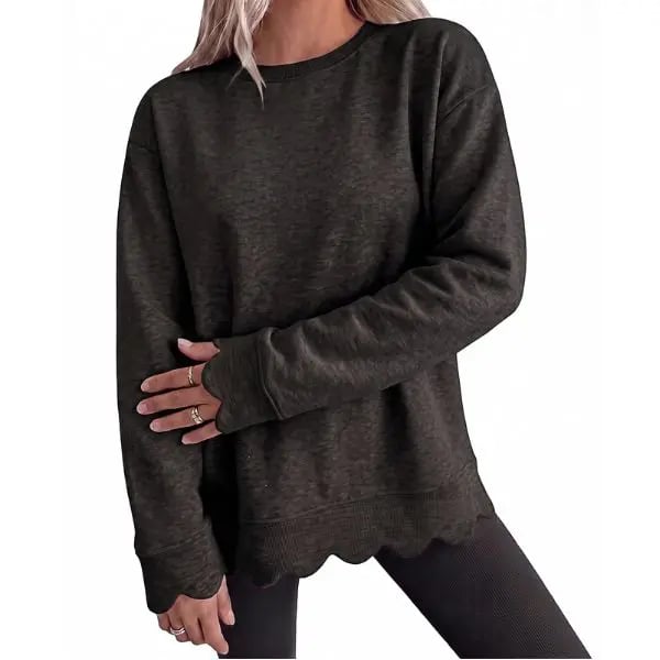 Women's Heather Crew Neck Oversized Sweatshirt, Wavy Scallop Hem & Cuff Long Sleeve Loose Casual Fall Layering Pullover Top