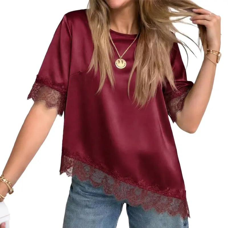 Tankaneo Women's Satin-Silk Short-Sleeve Shirt – Loose-Fit Lace-Panel Top with Asymmetric Cut; Ideal for Stylish, Casual Summer Wear.