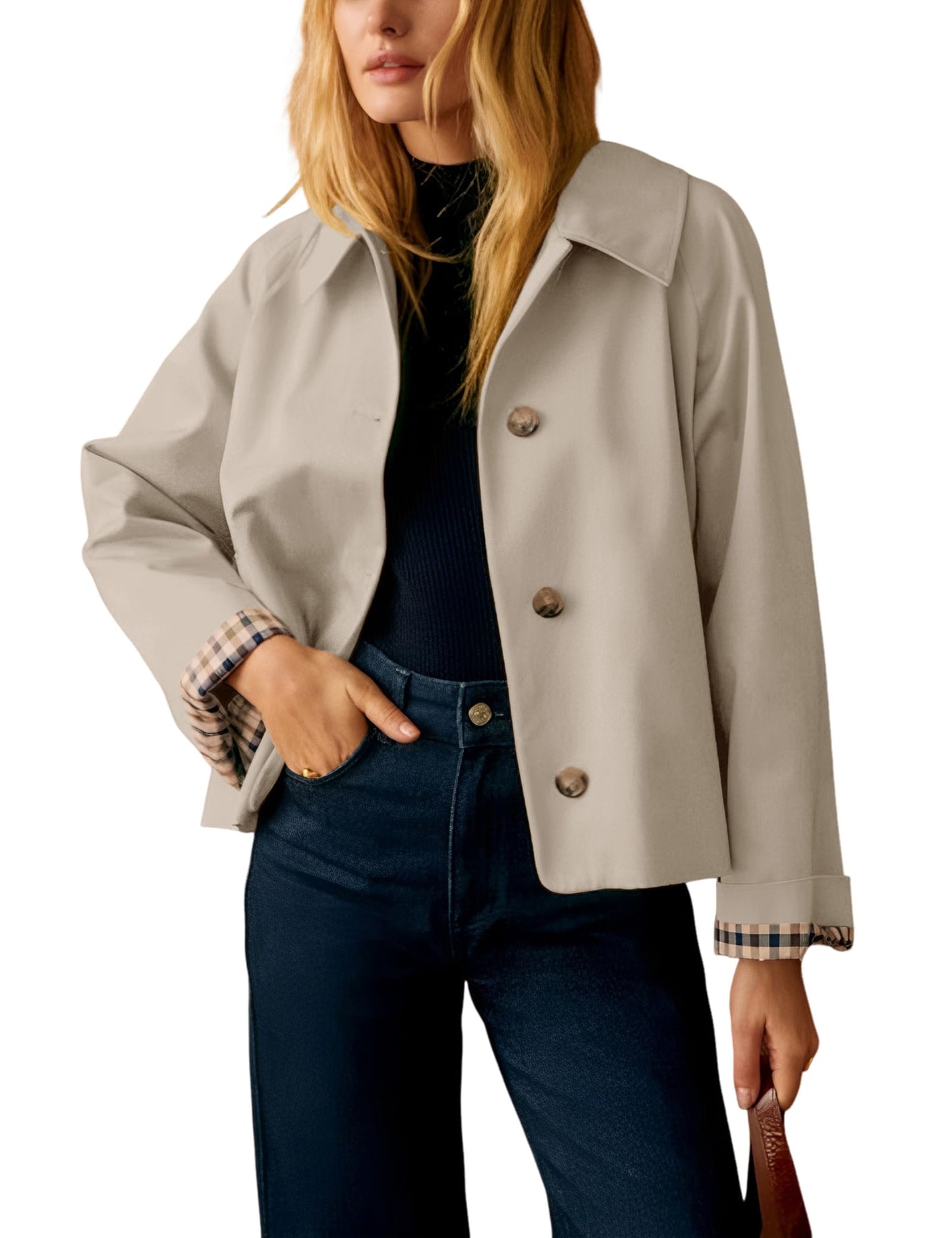 Womens Cropped Trench Coat Classic Collar Oversized Casual Jackets with Checkered Lining