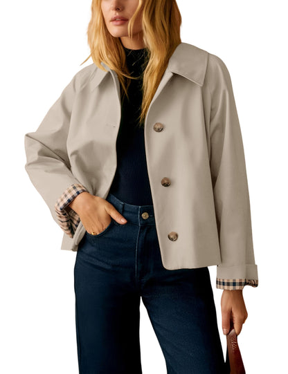Womens Cropped Trench Coat Classic Collar Oversized Casual Jackets with Checkered Lining