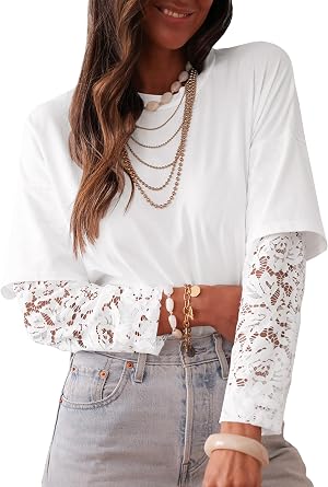 Women Long Sleeve Lace Patchwork Crew Neck Casual Tops