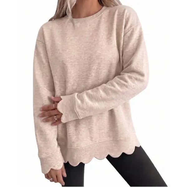Women's Heather Crew Neck Oversized Sweatshirt, Wavy Scallop Hem & Cuff Long Sleeve Loose Casual Fall Layering Pullover Top